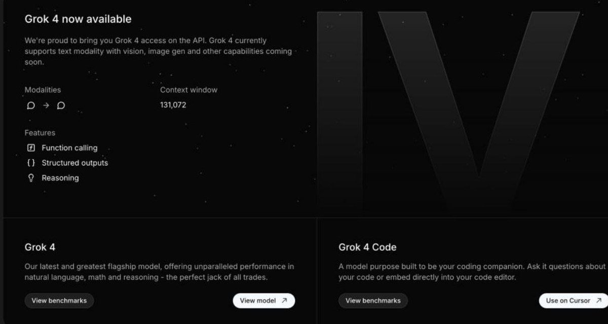 ❎ xAI (Elon Musk) is prepping to launch Grok 4.

Spotted on their API page:
🤖 New chatbot version
💻 Grok 4 Code — for coding tasks, likely debuting in Cursor.

#xAI #Grok4 #ElonMusk #AIchatbot #CodingAI