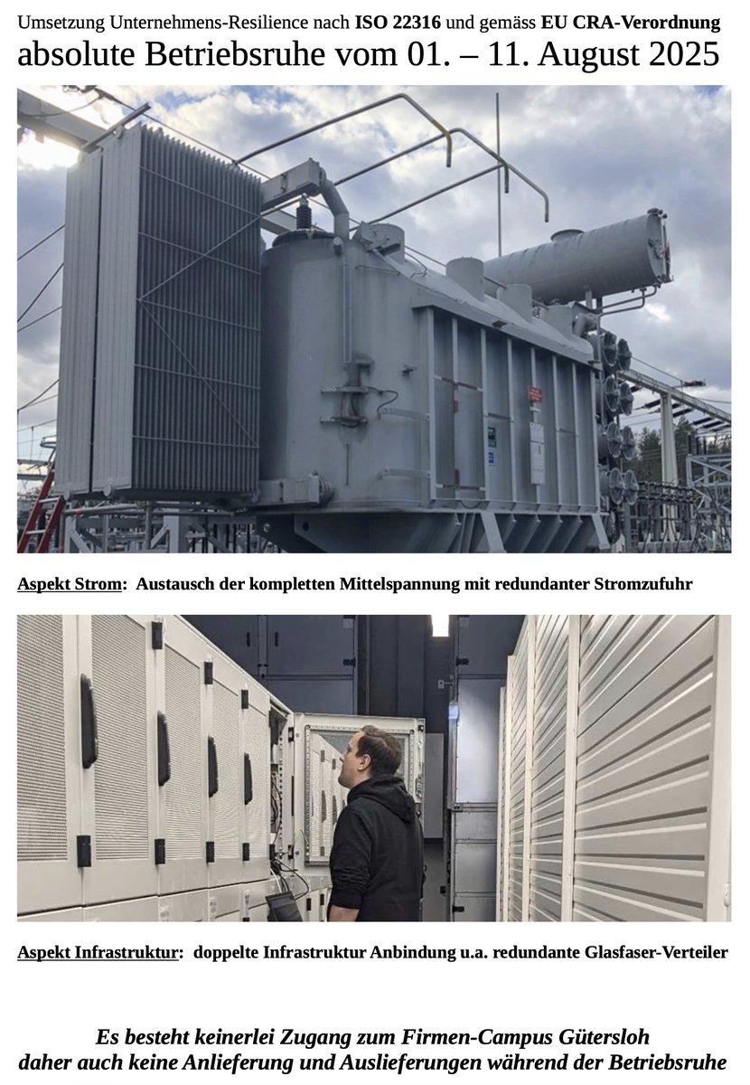 Betriebs-Stilllegung für 1,5 Wochen zur Umsetzung der Europäischen CRA Infrastruktur und Redundanz gemäss NIS-2 Verordnung #Betriebsruhe2025 - wir bitten um Beachtung und um Lieferketten-Bevorratung!
