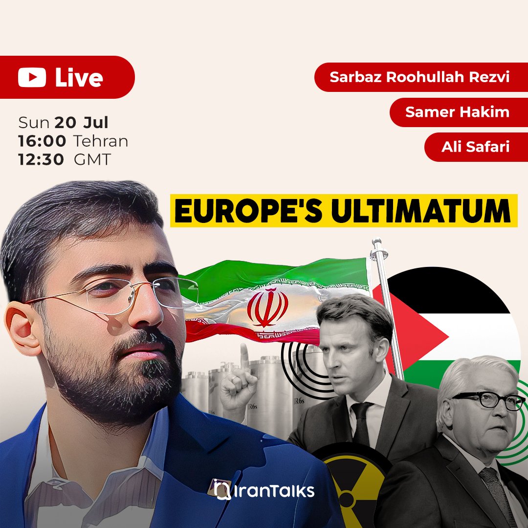 iranscreenshot's tweet image. ▶️ Going live in a few minutes on YouTube
Topic: Has Iran abandoned Palestine & will Europe trigger the JCPOA Snapback mechanism?
🗓 Today (Sunday), July 20th, 2025
🕙 12:30 GMT | 16:00 Tehran | 15:30 Occupied al-Quds
🗣 Today's Guests:
@SarbazRezvi…