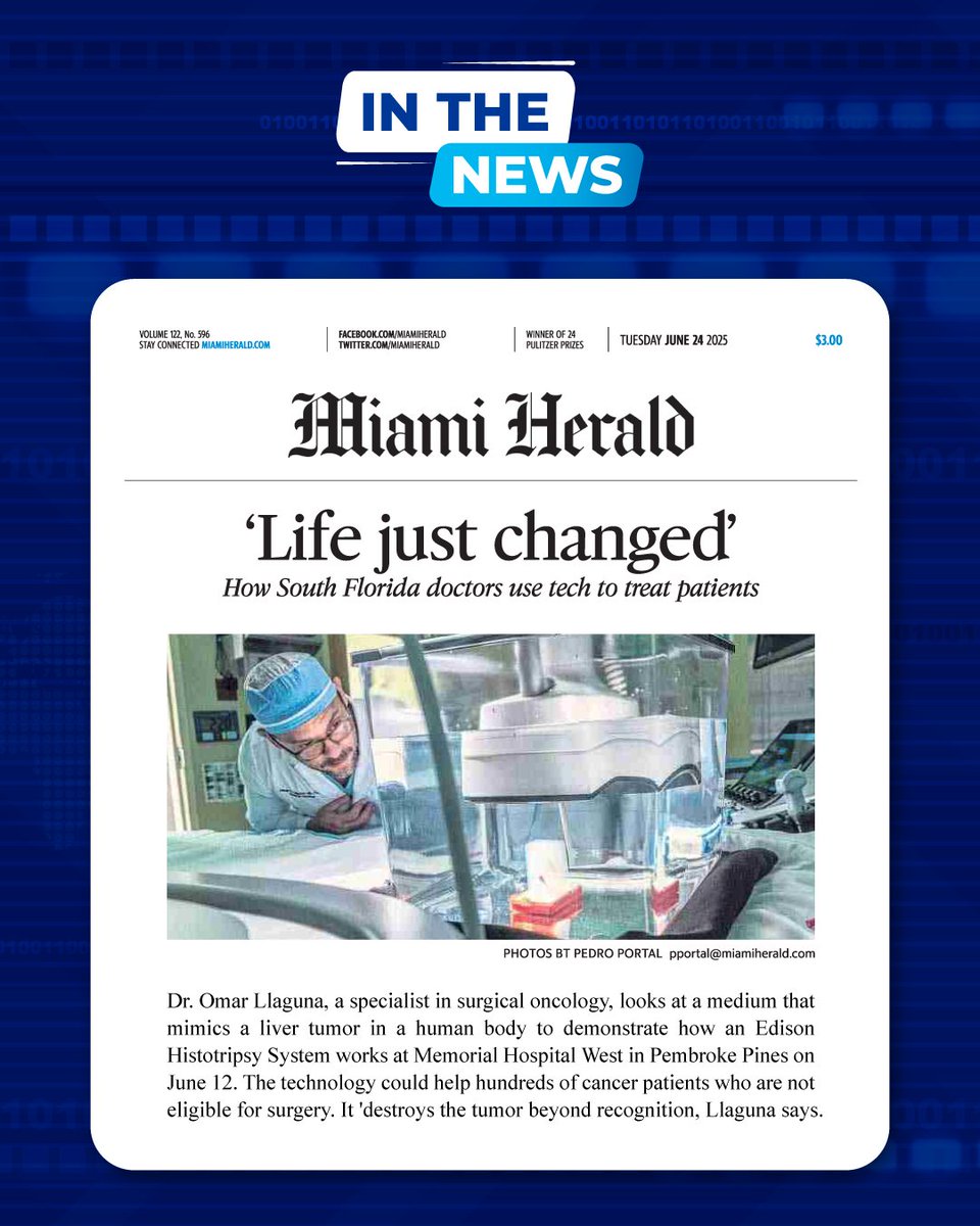 mhshospital's tweet image. 🔊 No scalpel, no pain, just sound waves!
Memorial Cancer Institute is among the first in South Florida using the Edison Histotripsy System to destroy liver tumors non-invasively. “This destroys the tumor beyond recognition,” says Dr. Omar Llaguna.
📰: miamiherald.com/news/health-ca…