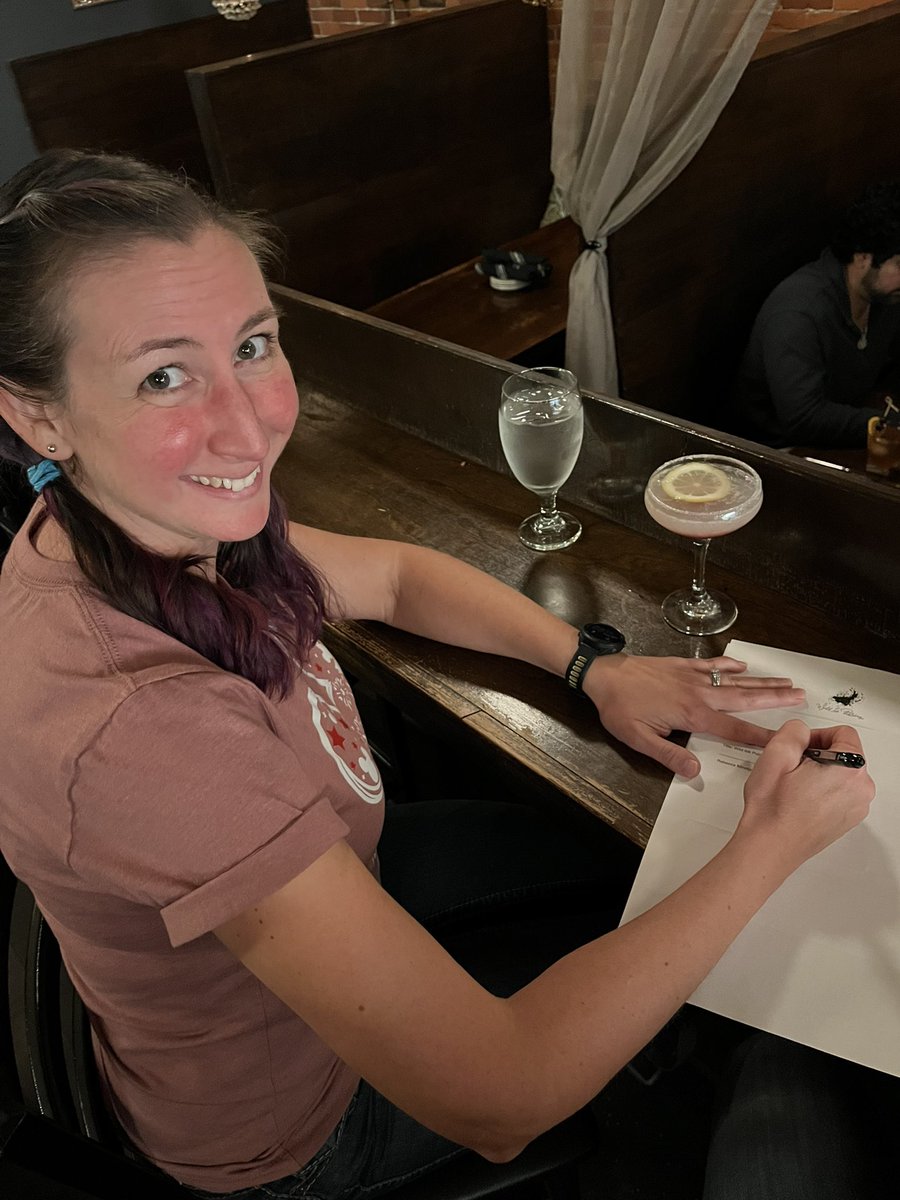 RebeccaMinelga's tweet image. I signed a thing last night! As always, so many thanks to The Husband, who remains my biggest fan, and our local watering hole, which has now hosted us for 4 contracts in 2 years (and counting!). More info coming soon! #amwriting #writingcommunity