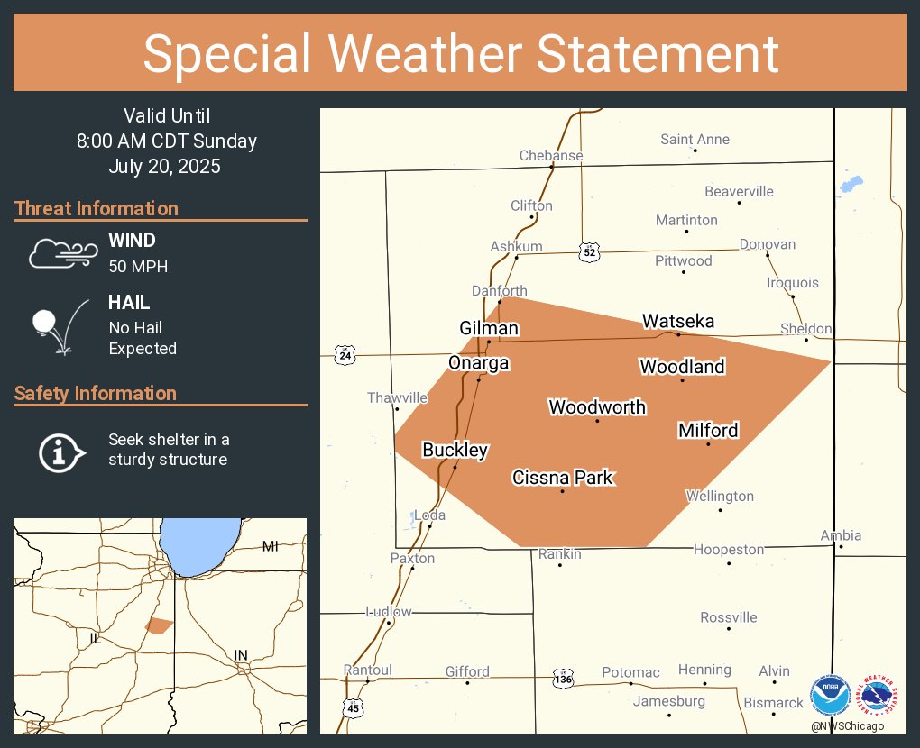NWSChicago's tweet image. A special weather statement has been issued for Watseka IL, Gilman IL and Onarga IL until 8:00 AM CDT