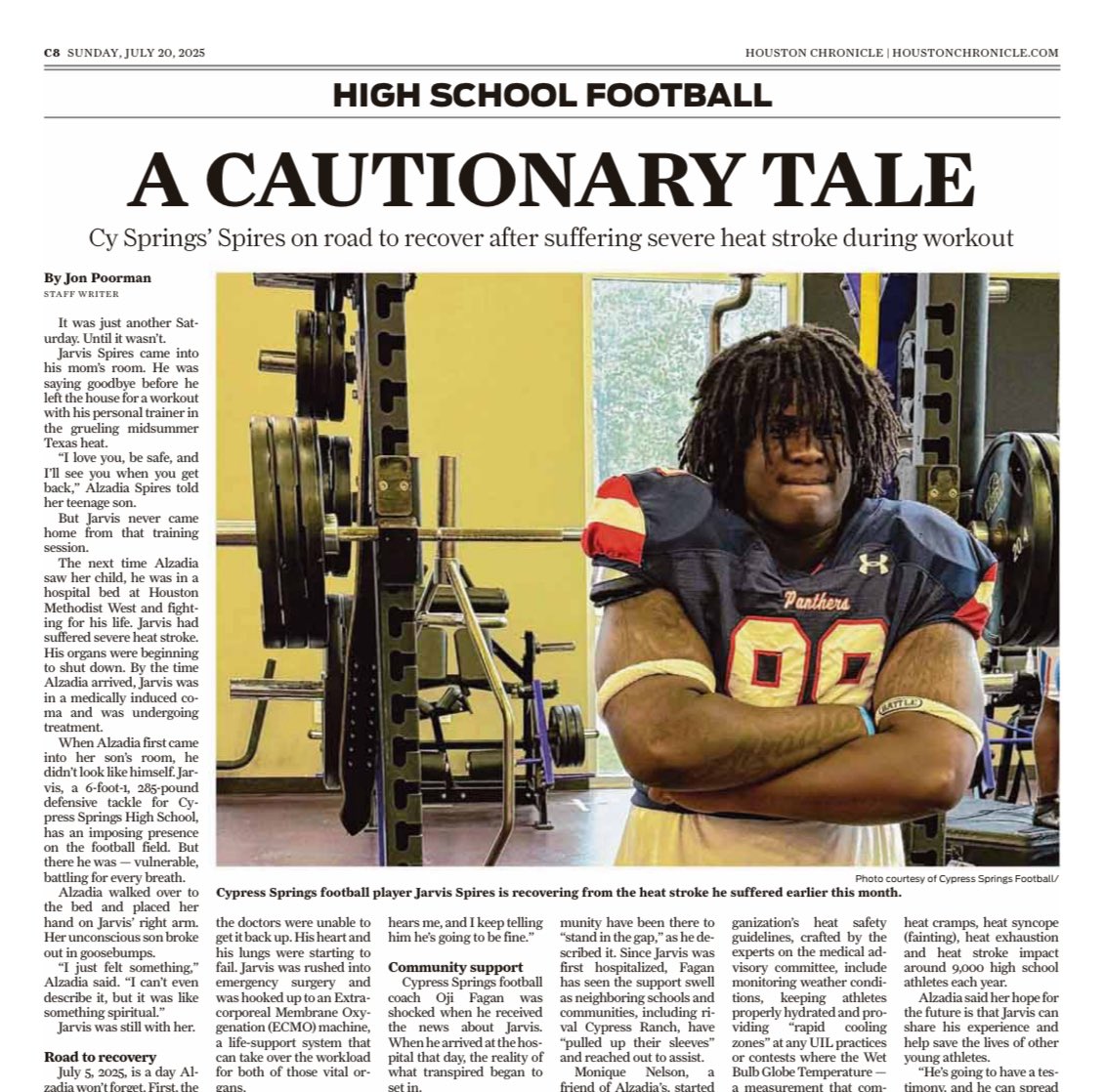 Jon Poorman (@jonpoorman) on Twitter photo 📰 Today’s <a href="/HoustonChron/">Houston Chronicle</a> sports section features my story on <a href="/CSHSPanthersFB/">Cypress Springs Football</a> player <a href="/JarvisSpires/">Jarvis Spires</a>, whose community has rallied around his family after he suffered heat stroke on July 5. His mother, Alzadia Spires, says Jarvis will one day share his story with hopes of inspiring 📰 Today’s <a href="/HoustonChron/">Houston Chronicle</a> sports section features my story on <a href="/CSHSPanthersFB/">Cypress Springs Football</a> player <a href="/JarvisSpires/">Jarvis Spires</a>, whose community has rallied around his family after he suffered heat stroke on July 5. His mother, Alzadia Spires, says Jarvis will one day share his story with hopes of inspiring
