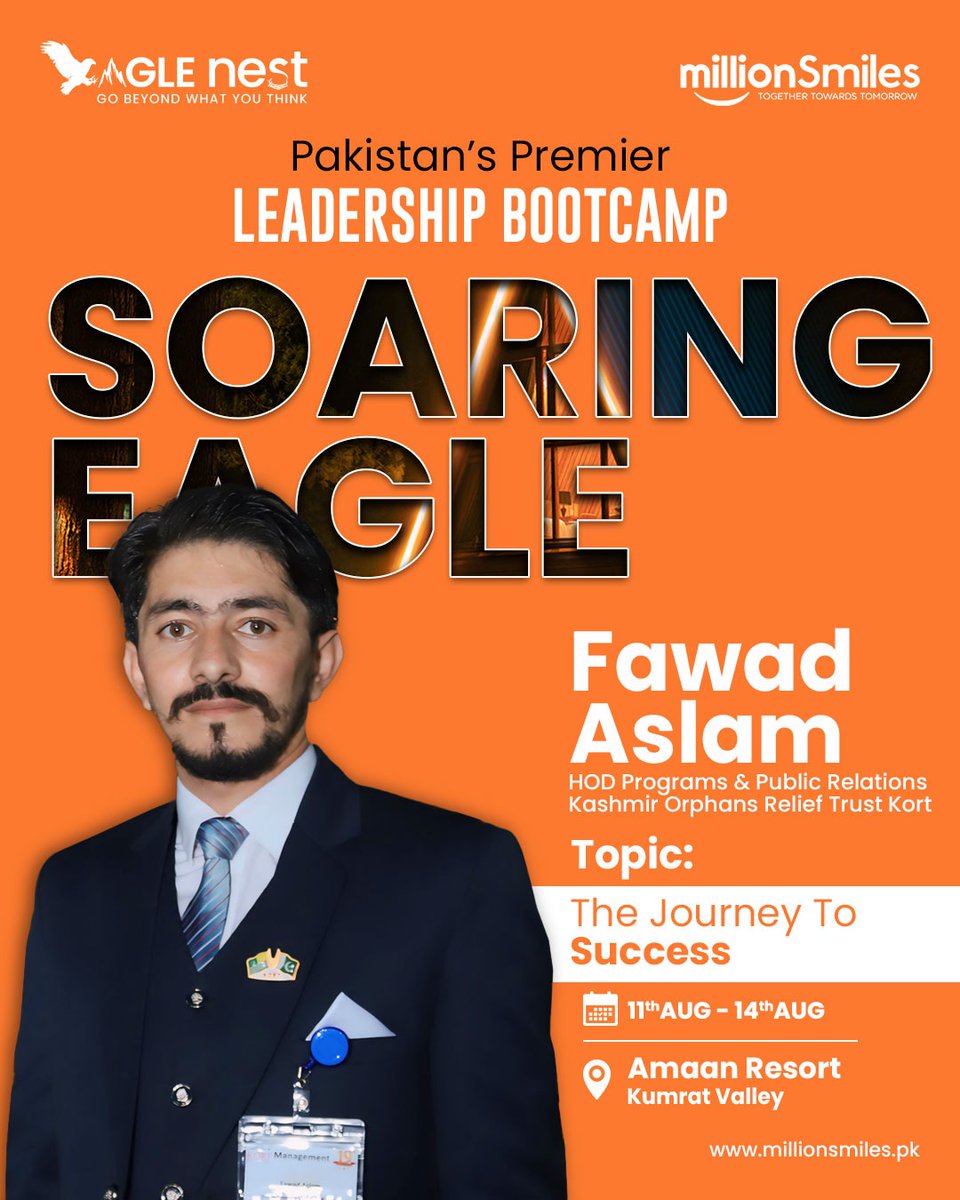 They spread their Wings &amp; took a Flight to Soar high !

Meet our "Soaring Eagle", Mr. Fawad Aslam HOD Programs and Public Relations Kashmir Orphans Relief Trust (KORT), at Pakistan’s Premier Wilderness Leadership Bootcamp by Million Smiles – Eagle Nest 8.0.

From the valleys of