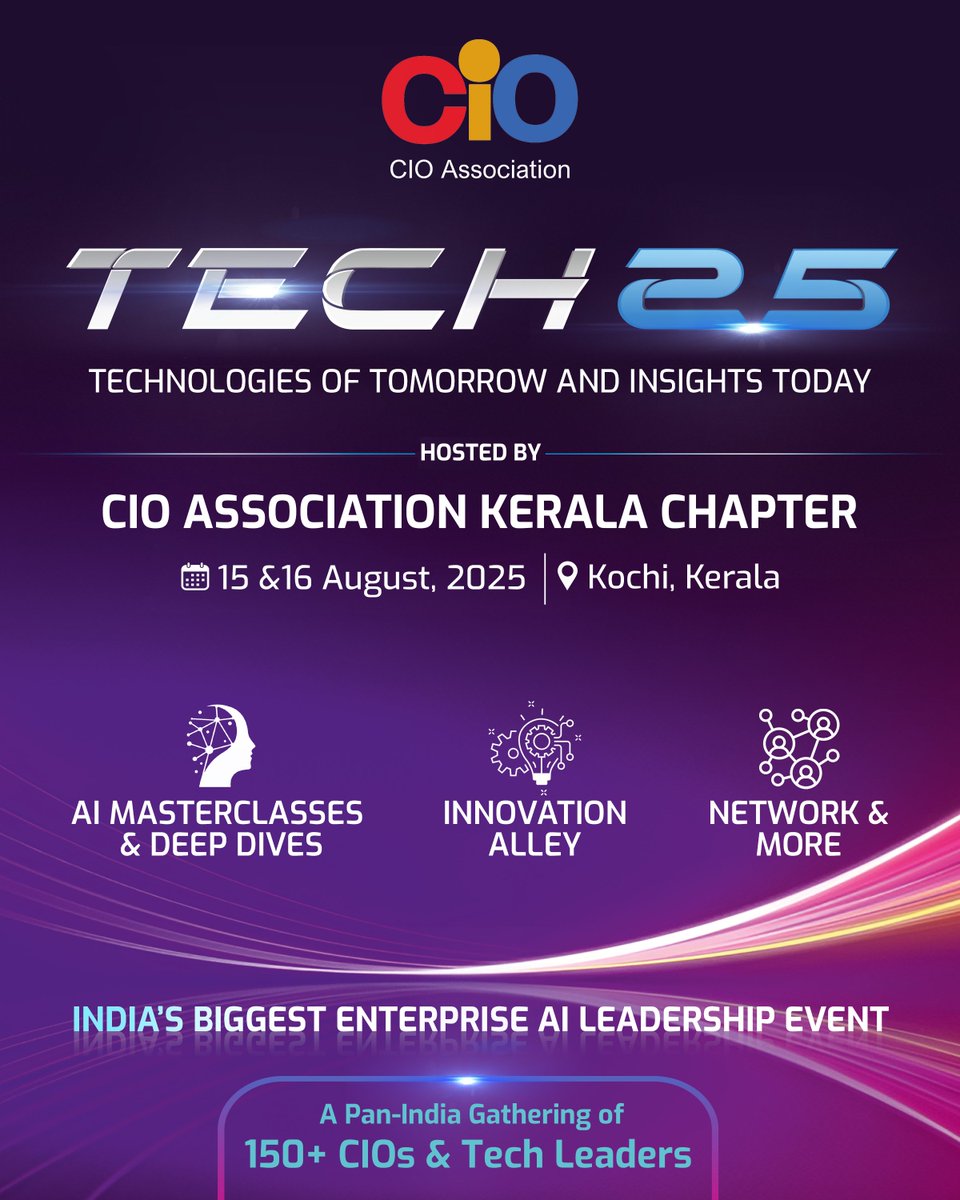 CIOAssociation's tweet image. Announcing TECH 25 – India’s sharpest enterprise AI summit led by Dr. Shailesh Kumar. 150+ CIOs, tech leaders &amp;amp; AI pioneers unite for two days of real POCs, live use cases &amp;amp; strategic conversations shaping the future of enterprise tech. Miss it, miss the movement.

#Tech25