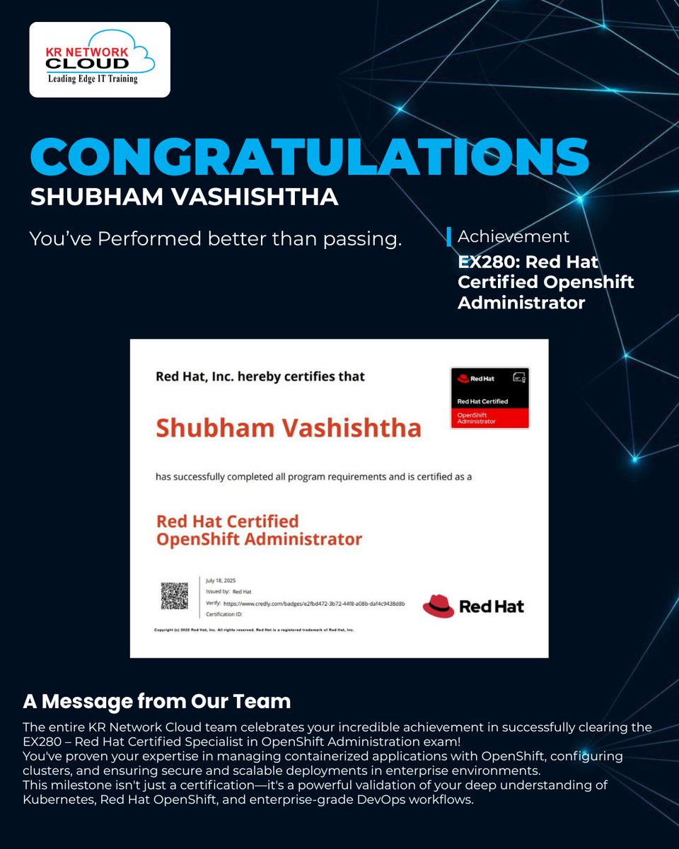 KRNetworkCloud1's tweet image. 𝐇𝐮𝐠𝐞 𝐂𝐨𝐧𝐠𝐫𝐚𝐭𝐮𝐥𝐚𝐭𝐢𝐨𝐧𝐬 𝐭𝐨 Shubham 𝐨𝐧 𝐂𝐥𝐞𝐚𝐫𝐢𝐧𝐠 𝐭𝐡𝐞 𝐄𝐗𝟐𝟖𝟎 𝐂𝐞𝐫𝐭𝐢𝐟𝐢𝐜𝐚𝐭𝐢𝐨𝐧!
🔖 #EX280 #RedHatCertified #OpenShiftAdmin #KRNetworkCloud #CloudEngineer #DevOpsJourney #Kubernetes #RedHatOpenShift #CertificationSuccess #ShubhamSuccess