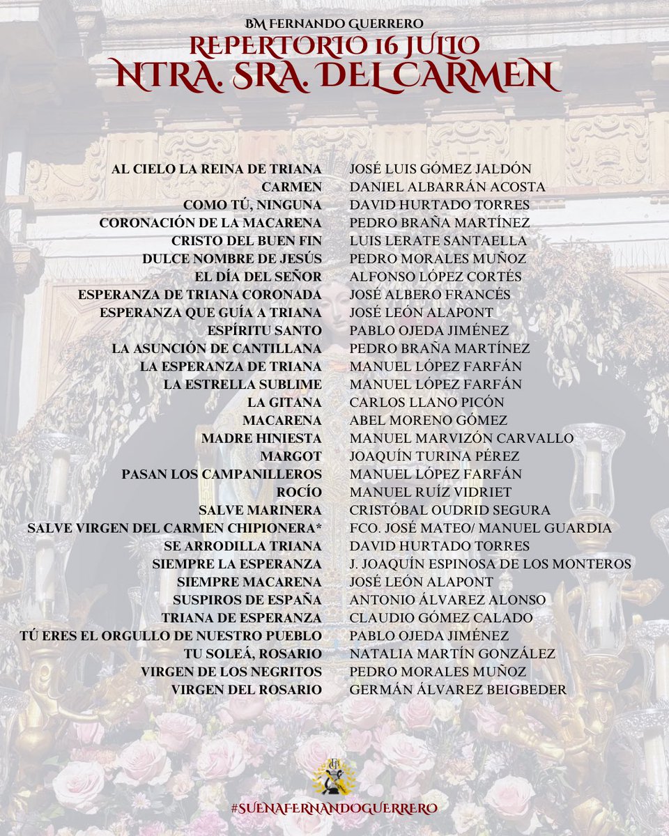 Os dejamos con el repertorio interpretado por nuestra formación tras Nuestra Señora del Carmen el pasado miércoles 16 de julio por las calles de Chipiona. 

#SuenaFernandoGuerrero