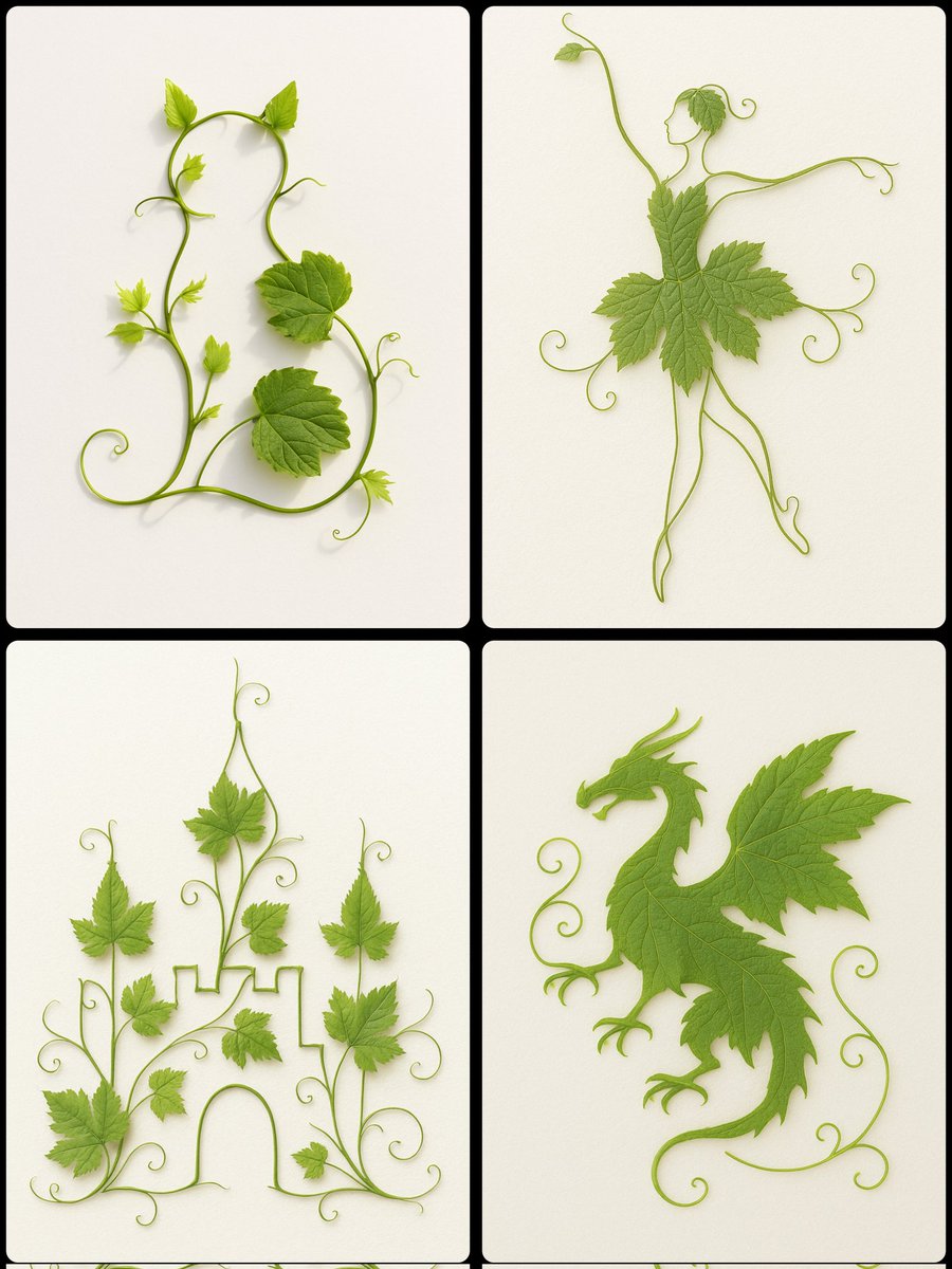 umesh_ai's tweet image. Prompt on ChatGPT-4o : Create a minimalist image on a clean white background featuring green grapevines arranged in the shape of a [INSERT SHAPE HERE]. The vines should include detailed leaves and curling tendrils, forming the outline and structure of the shape in a natural and…