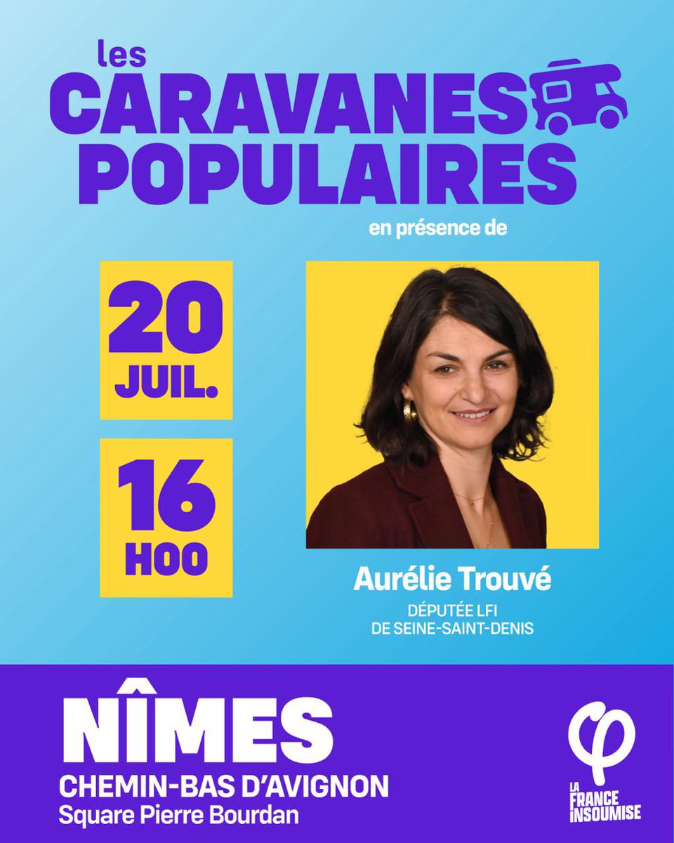 La France insoumise (@franceinsoumise) on Twitter photo Pour leur 5ᵉ étape, les #CaravanesPopulaires seront aujourd'hui à Creil et Nîmes.
📍 Rendez-vous à partir de 16h :
À Nîmes, avec <a href="/TrouveAurelie/">Aurélie Trouvé</a>, au Chemin-Bas d'Avignon
À Creil, avec <a href="/BilongoCarlos/">Carlos Martens Bilongo</a>, à la Cavée de Senlis
👉 Toutes les infos : lafranceinsoumise.fr/les-caravanes-… Pour leur 5ᵉ étape, les #CaravanesPopulaires seront aujourd'hui à Creil et Nîmes.
📍 Rendez-vous à partir de 16h :
À Nîmes, avec <a href="/TrouveAurelie/">Aurélie Trouvé</a>, au Chemin-Bas d'Avignon
À Creil, avec <a href="/BilongoCarlos/">Carlos Martens Bilongo</a>, à la Cavée de Senlis
👉 Toutes les infos : lafranceinsoumise.fr/les-caravanes-…