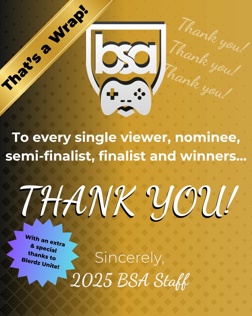 To the community, the nominees, the semi-finalists, the finalists, the winners, our sponsors.... to EVERYONE! Thank you for your support for the 2025 BIPOC Streamer Awards! A SPECIAL thanks to @blerdzunite for hosting a FANTASTIC After Party! We appreciate each and every one of