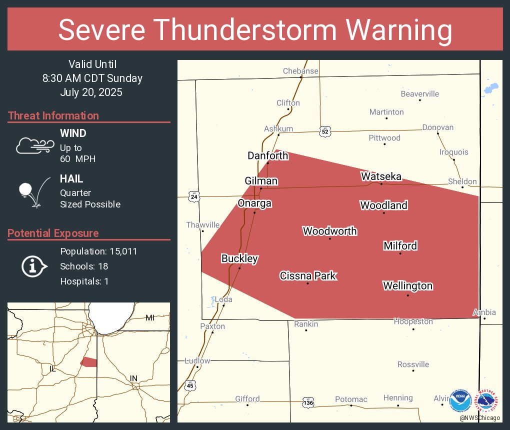 NWSChicago's tweet image. Severe Thunderstorm Warning including Watseka IL, Gilman IL and Onarga IL until 8:30 AM CDT
