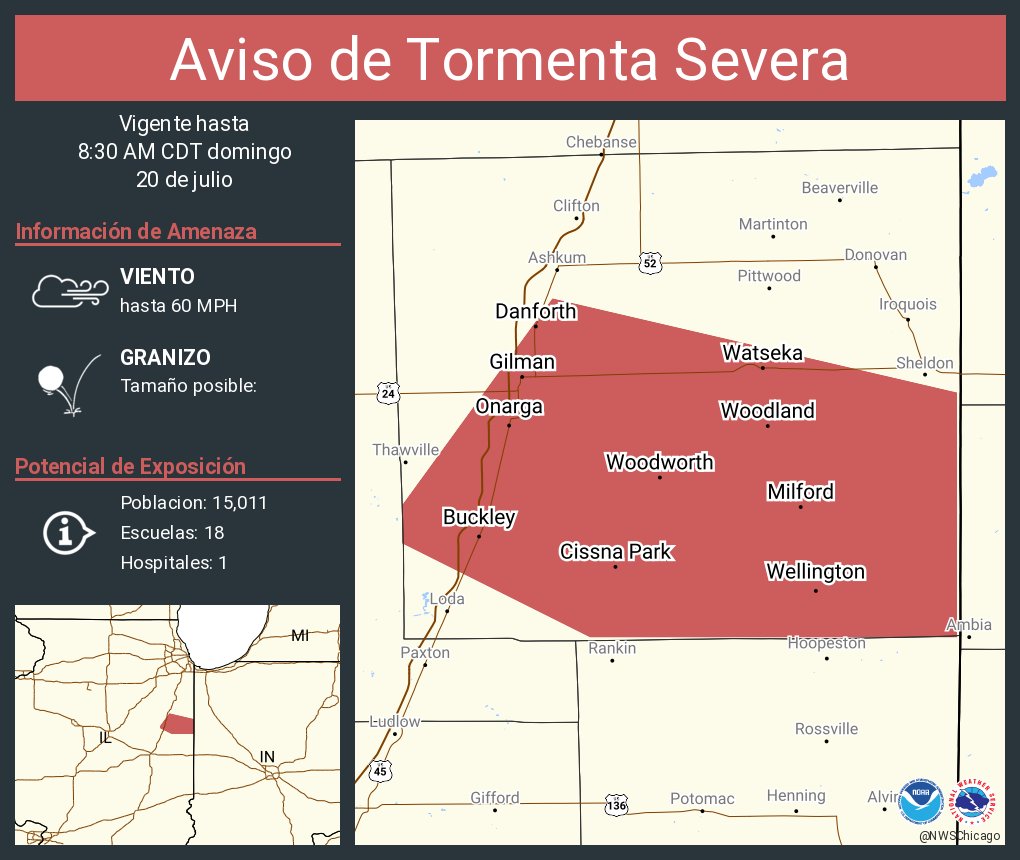 NWSChicago's tweet image. Aviso de Tormenta Severa incluye Watseka IL, Gilman IL, Onarga IL hasta las 8:30 AM CDT