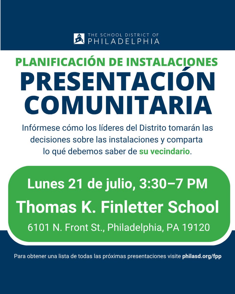 PHLschools's tweet image. Join the conversation in person to discuss our facilities in the School District of Philadelphia!
📅 Monday, July 21
⏰ 3:30 PM - 7:00 PM
📍 Thomas K. Finletter School, 6101 N. Front St.
Learn more: philasd.org/fpp
#PHLed