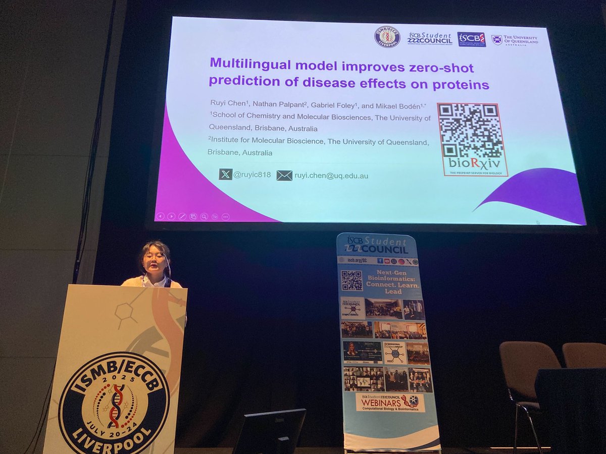 iscb_scs's tweet image. 📣What if we could predict how diseases affect proteins , across languages without prior case examples?🙌🏻
👉🏻 That’s what Ruyi Chen presented at #SCS2025, a multilingual model that improves zero-shot prediction of disease effects on proteins.
#ISMB #Genomics #AI #ML