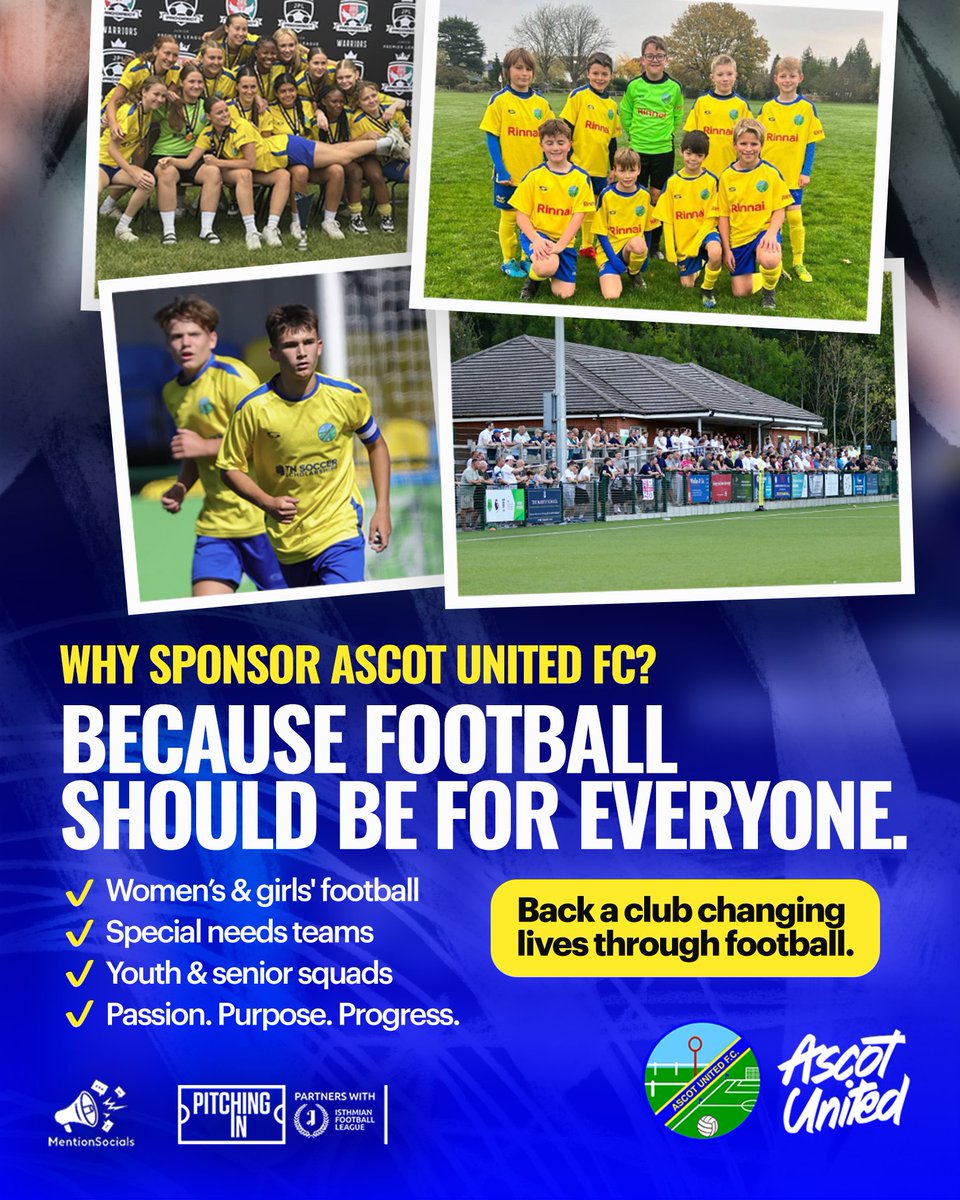 AscotUnitedFC's tweet image. Why sponsor @AscotUnitedFC?
Because football should be for everyone.
✔ Women’s & girls' football
✔ Special needs teams
✔ Youth & senior squads
✔ Passion. Purpose. Progress.
𝐆𝐞𝐭 𝐢𝐧 𝐭𝐨𝐮𝐜𝐡 𝐭𝐨𝐝𝐚𝐲 📲
#WeAreAscot #UpTheYellas💛💙