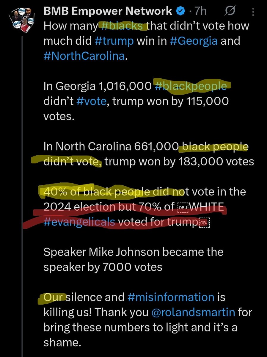 <a href="/BmbEmpower/">BMB Empower Network</a> What? Did you inform us how many others didn't vote? You and <a href="/rolandsmartin/">rolandsmartin</a> are backdooring blame to Black people.