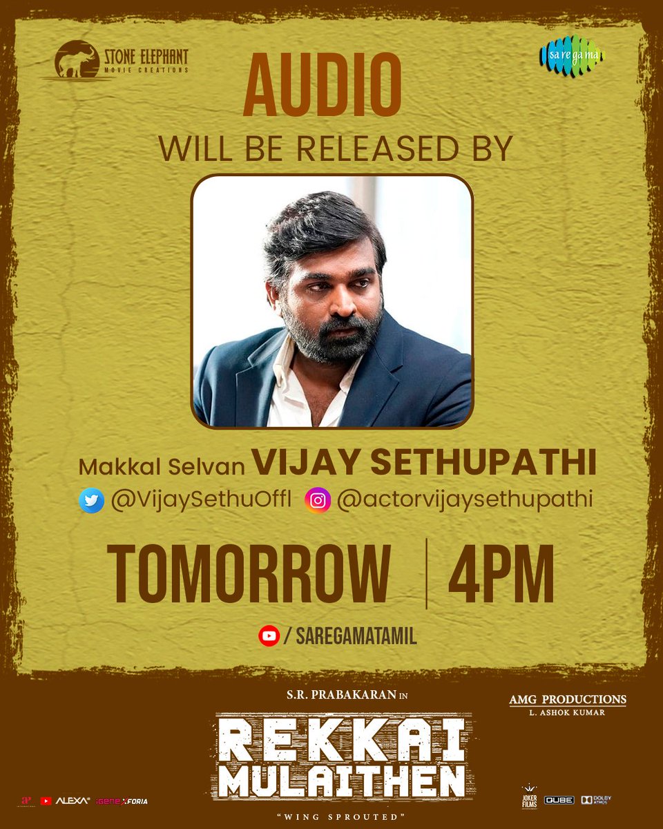 SRPrabakaran_off (@directorsrp) on Twitter photo The Audio of #RekkaiMulaithen Directed & Produced by <a href="/directorSRP/">SRPrabakaran_off</a> will be unveiled Tomo at 4:00 PM by <a href="/ARMurugadoss/">A.R.Murugadoss</a> & <a href="/VijaySethuOffl/">VijaySethupathi</a> !
#WorldwideReleaseinAugust
A <a href="/Theeson_Music/">Theeson</a> Musical @kapilkapilan_ <a href="/manasimm/">M.M.Manasi</a> @AdithyarKM <a href="/iamKarthikNetha/">lyricist karthik netha</a> <a href="/saregamasouth/">Saregama South</a> The Audio of #RekkaiMulaithen Directed & Produced by <a href="/directorSRP/">SRPrabakaran_off</a> will be unveiled Tomo at 4:00 PM by <a href="/ARMurugadoss/">A.R.Murugadoss</a> & <a href="/VijaySethuOffl/">VijaySethupathi</a> !
#WorldwideReleaseinAugust
A <a href="/Theeson_Music/">Theeson</a> Musical @kapilkapilan_ <a href="/manasimm/">M.M.Manasi</a> @AdithyarKM <a href="/iamKarthikNetha/">lyricist karthik netha</a> <a href="/saregamasouth/">Saregama South</a>