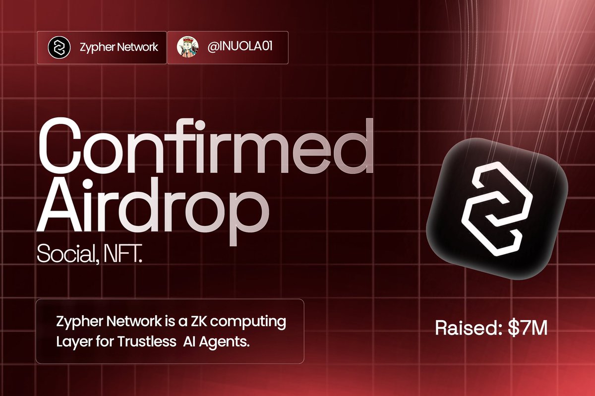 INUOLA01's tweet image. Zypher Network Airdrop - Social + NFT
Status: Confirmed Airdrop
Duration: July 2 - 23
How to participate:
- Go to app.galxe.com/quest/ZypherNe… and connect your wallet
- Complete the tasks.
- Next, go to ai.zypher.network/airdrop, connect your wallet and complete the 3 required tasks.