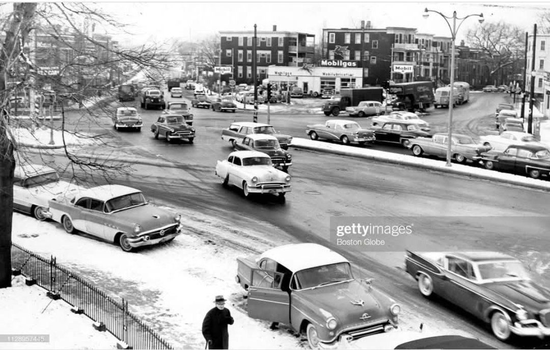 OldSchoolBoston's tweet image. Traffic passes through Edward Everett Square 1958. (John M Hurley/Globe)