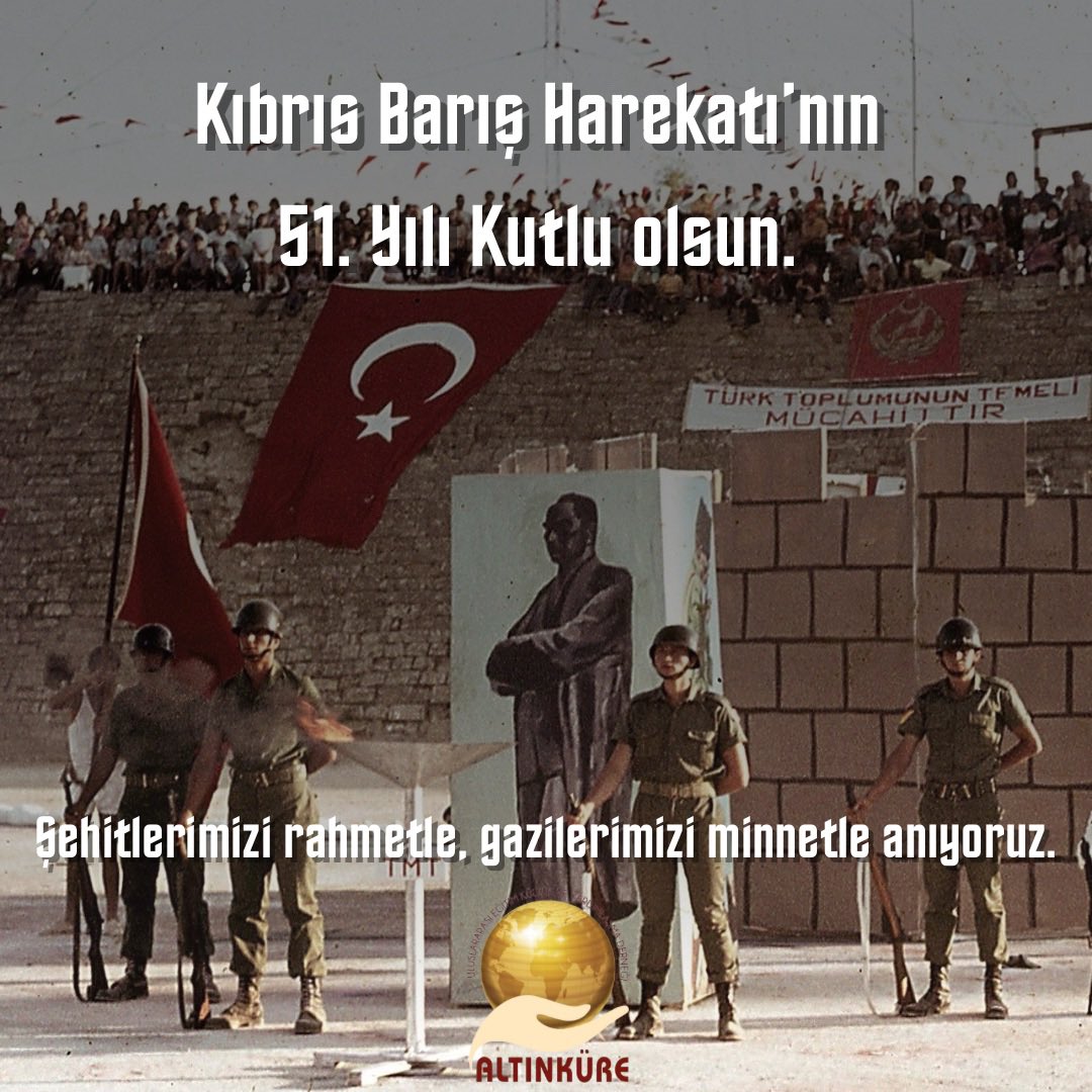 Soykırımcı Yunan ve Rum hainlerinin zulmüne karşı 51 yıl önce bugün başlayan Kıbrıs Barış Harekatı Türk Milletine kutlu olsun. 
Şehitlerimize rahmet, gazilerimize minnet ve dua ile...
Türk Silahlı Kuvvetleri’nin ve Türk Mukâvemet Teşkilatı'nın kahramanlarına selam olsun...