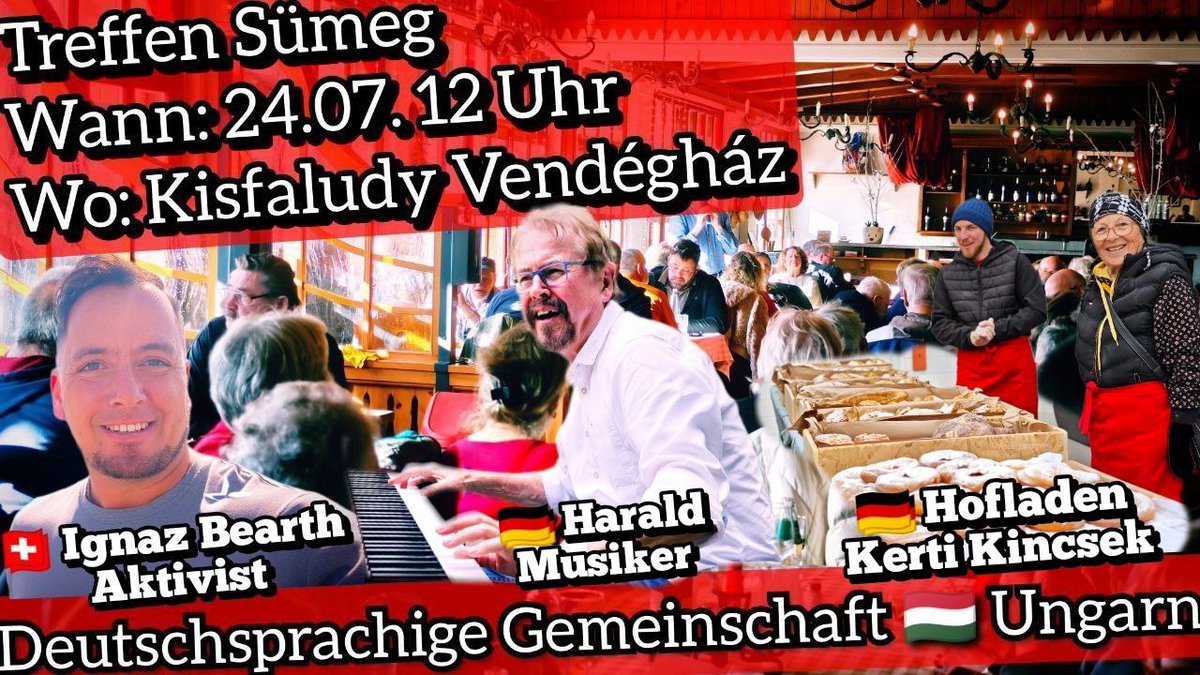 Deutschsprachige Gemeinschaft 🇭🇺 Ungarn - Treffen Sümeg

Donnerstag, 24. Juli 12 Uhr
Kisfaludy Vendégház
Sümeg, Kossuth Lajos u. 13, 8330
maps.app.goo.gl/yZQ2RAdk4LfGNV…

Keine Anmeldung nötig, dafür keine 100% Platzgarantie.

Auswandern Ungarn Chat:
x.com/i/communities/…