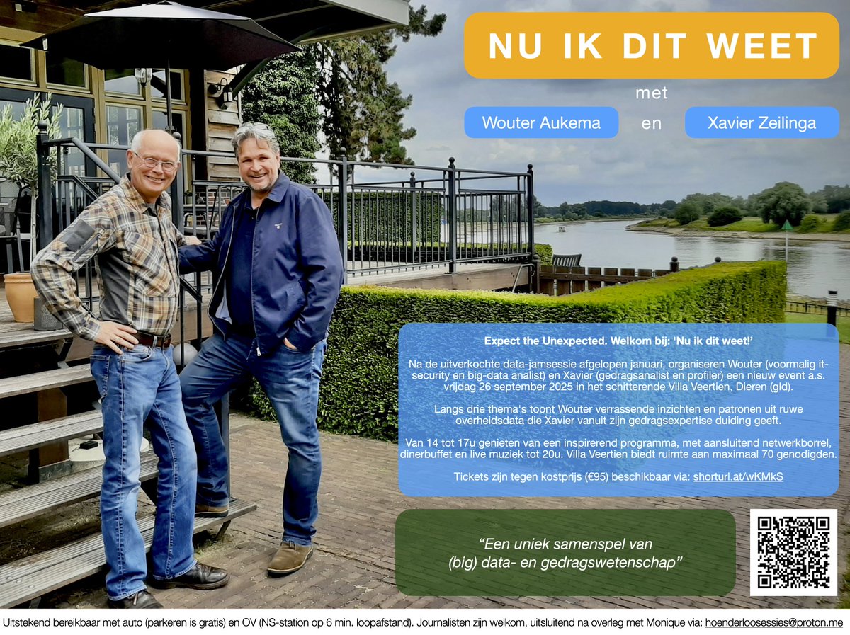 MoniqueSchuite's tweet image. Wow, hier staat iets Unieks te gebeuren:
Wat gebeurt er als je een Data-analist en een Gedragswetenschapper samen brengt?
@waukema & @XavierYZeilinga nemen u mee naar de kern van hun vak in "NU IK DIT WEET". Met inzichten om te vertalen naar uw eigen leven. Ik ben erbij, u ook?