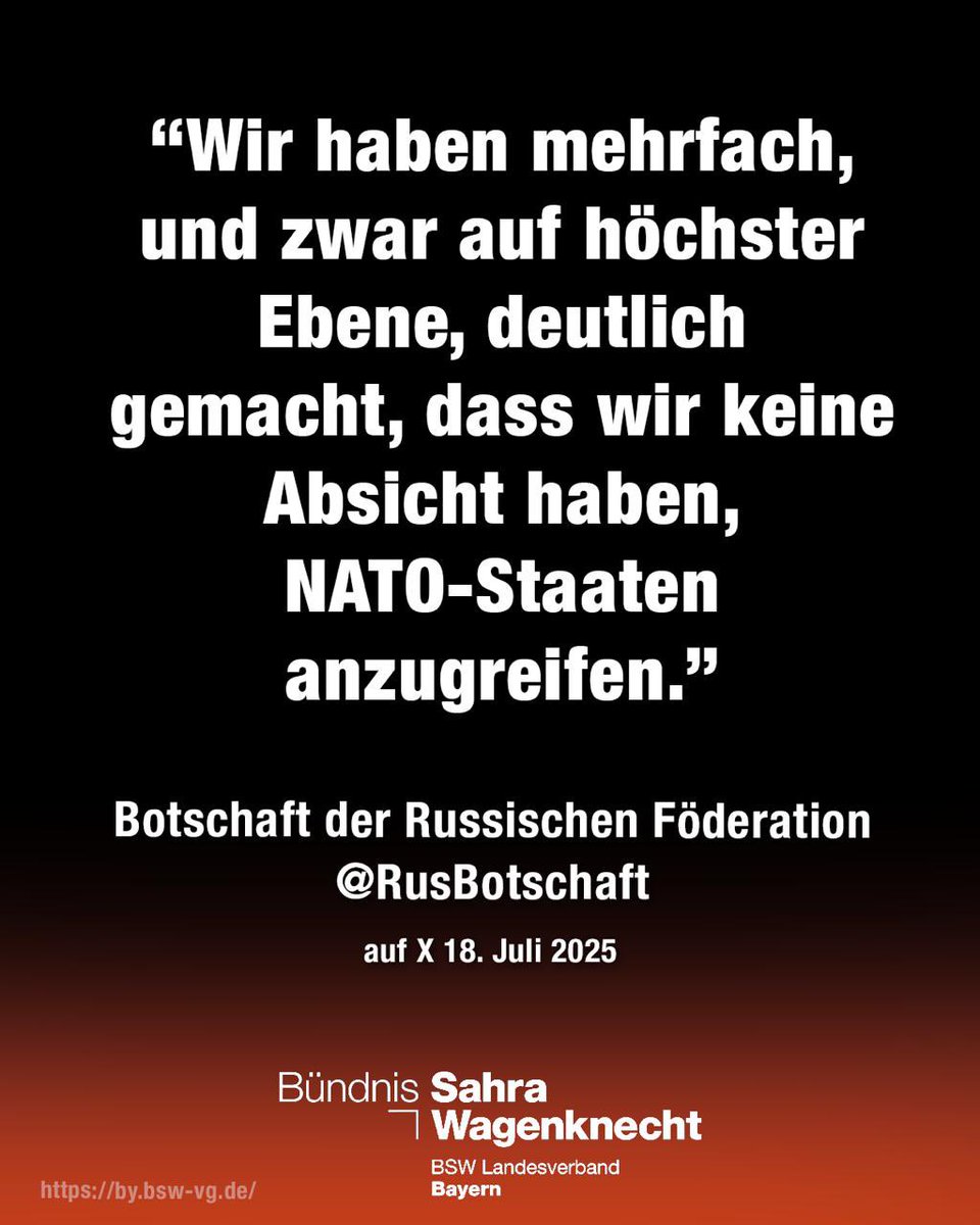 BSW Bayern (@bswbayern) on Twitter photo Warum reagiert Deutschland auf solche Aussagen mit noch mehr Aufrüstung?
<a href="/RusBotschaft/">Botschaft der Russischen Föderation</a> Warum reagiert Deutschland auf solche Aussagen mit noch mehr Aufrüstung?
<a href="/RusBotschaft/">Botschaft der Russischen Föderation</a>