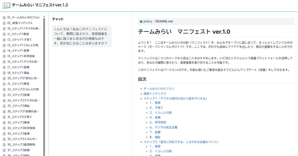 チームみらいのマニフェストについて、昨日からGitHubがうんたらで