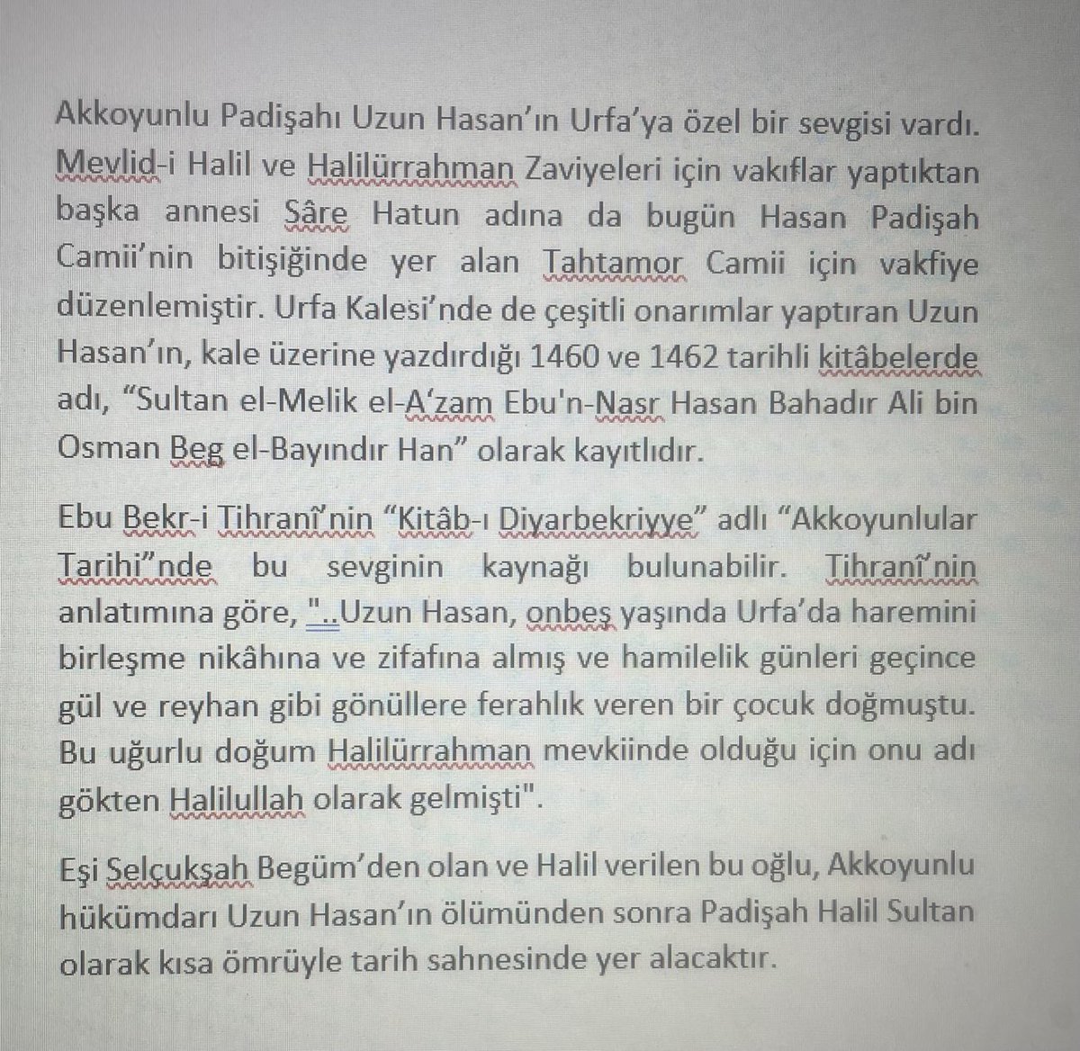 Eski şehri her dolaştığınızda mekânlar size sürekli Urfa tarihinden bir şeyler fısıldar. Hasan Padişah Camii’nin adı sahibi olan Uzun Hasan’ın oğlu Halil Sultan Urfa Halilürrahman’da doğmuş olduğu gibi Urfa’ya ait ilk “Çarşı Kanunnamesi”de 1450’lerde Uzun Hasan’ca çıkarılmıştır.