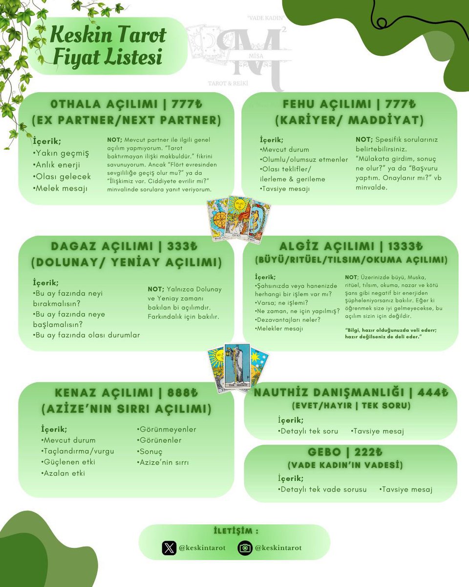 keskintarot's tweet image. •KESKİN TAROT DANIŞMANLIK•
                   “TAROT &amp;amp; REİKİ”

•Randevu verirken saat/gün belirtmem, direkt sıraya alıyorum. Ücreti önden almıyorum. Ses kaydını teslim ederken alıyorum. 
•Aldat(ıl)ma, 3. kişi veya yasak aşk sorularına asla bakım yapmıyorum.

Sevgiler 💚