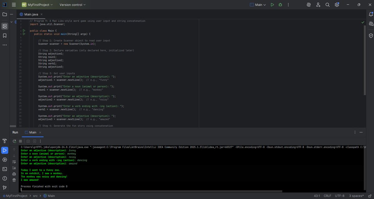 Himanshi1286's tweet image. Java Day 1 ☕
📌 Learned variables &amp;amp; data types
📌 User input with Scanner
📌 Output with println()
📌 Used if statements
📌 Built area calculator &amp;amp; Mad Libs 🎮
#Java #100DaysOfCode #JavaBeginner