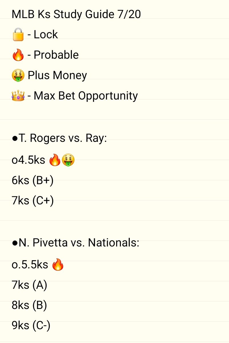 CoachTazDaTruth's tweet image. MLB Strikeout (Ks) bet guide! 7/20. Check my previous post for results! #MLB #STRIKEOUTS
