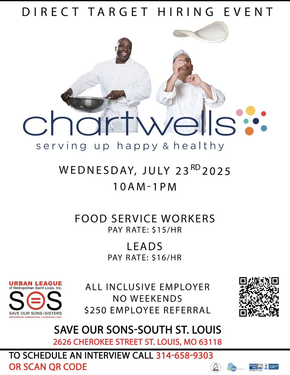 MMULSTL's tweet image. PLEASE SPREAD THE WORD TO ANYONE IN NEED OF A JOB THAT IS INTERESTED IN FOOD SERVICE! The Urban League of Metro St. Louis Save Our Sons + Sisters Workforce Program @ULSTL is hosting this hiring fair on July 23rd at our South City Location on Cherokee from 10 am- 1 pm! #ULSTL…