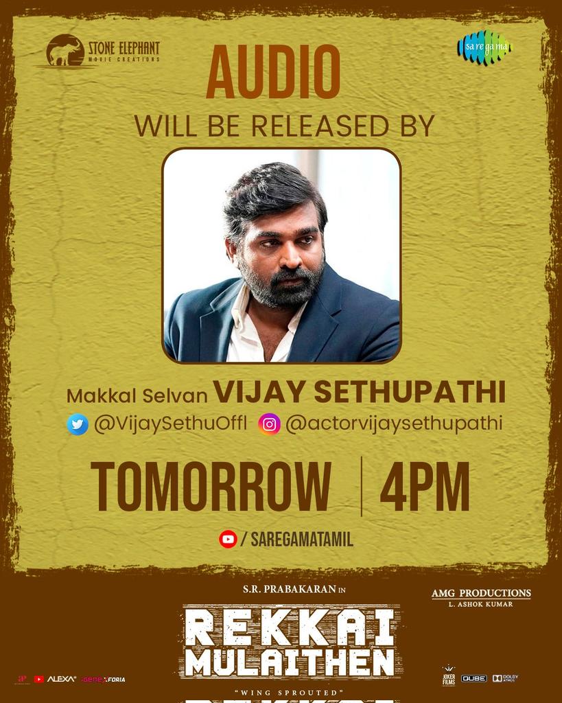 Touring Talkies (@toouringtalkies) on Twitter photo The Audio of #RekkaiMulaithen Directed & Produced by <a href="/directorSRP/">SRPrabakaran_off</a> will be unveiled Tomo at 4:00 PM by <a href="/ARMurugadoss/">A.R.Murugadoss</a> & <a href="/VijaySethuOffl/">VijaySethupathi</a> !
#WorldwideReleaseinAugust
A <a href="/Theeson_Music/">Theeson</a> Musical @kapilkapilan_ <a href="/manasimm/">M.M.Manasi</a> @AdithyarKM <a href="/iamKarthikNetha/">lyricist karthik netha</a> <a href="/saregamasouth/">Saregama South</a> The Audio of #RekkaiMulaithen Directed & Produced by <a href="/directorSRP/">SRPrabakaran_off</a> will be unveiled Tomo at 4:00 PM by <a href="/ARMurugadoss/">A.R.Murugadoss</a> & <a href="/VijaySethuOffl/">VijaySethupathi</a> !
#WorldwideReleaseinAugust
A <a href="/Theeson_Music/">Theeson</a> Musical @kapilkapilan_ <a href="/manasimm/">M.M.Manasi</a> @AdithyarKM <a href="/iamKarthikNetha/">lyricist karthik netha</a> <a href="/saregamasouth/">Saregama South</a>