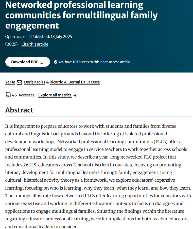 An important article by He, Kroiss, &amp; Bernal De La Ossa (2025) on the importance of transformative preparation of educators to work with students and families from diverse cultural and linguistic backgrounds  link.springer.com/article/10.100…