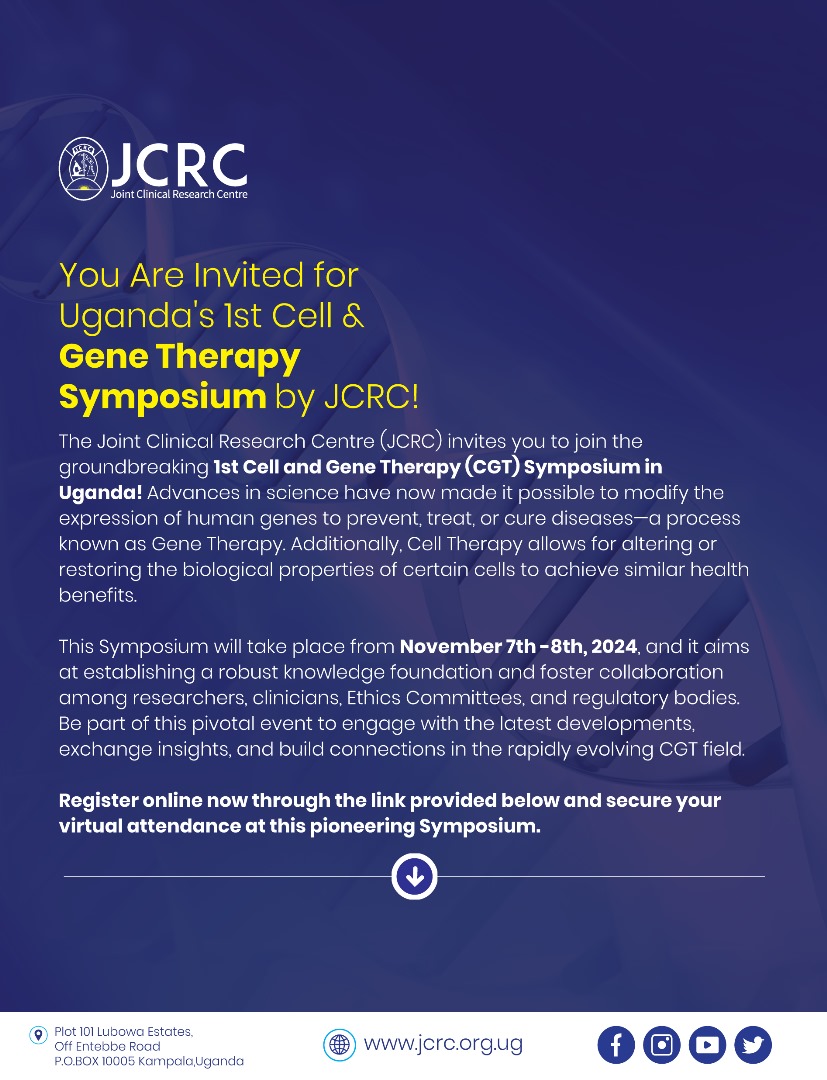 Robert Kalyesubula,MD, FISN(USA), PhD-FRCP(London) (@rkalyes1) on Twitter photo 🔥 The world is fast advancing!
👉 For the young and old health providers with interest in Cell and gene therapy.
This is an opportunity for you to get a head start!
You can register here:
forms.gle/6qYadhDcTryMLo…
<a href="/jcrc_official1/">The Joint Clinical Research Centre, Uganda</a>
<a href="/SemitalaFred/">Dr. Fred C. Semitala</a>
<a href="/UgSocScientists/">UScientists</a> 🔥 The world is fast advancing!
👉 For the young and old health providers with interest in Cell and gene therapy.
This is an opportunity for you to get a head start!
You can register here:
forms.gle/6qYadhDcTryMLo…
<a href="/jcrc_official1/">The Joint Clinical Research Centre, Uganda</a>
<a href="/SemitalaFred/">Dr. Fred C. Semitala</a>
<a href="/UgSocScientists/">UScientists</a>