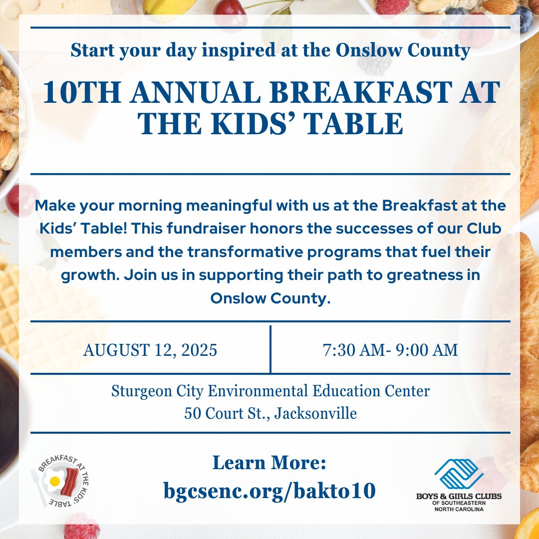 Join us for one of our favorite annual events — Breakfast at the Kids’ Table — coming soon to Brunswick and Onslow County!

Let’s build brighter futures together — we’ll save you a seat at the Kids’ Table! 🍽️ 

#BreakfastAtTheKidsTable #GreatFuturesStartHere #BGCSENC