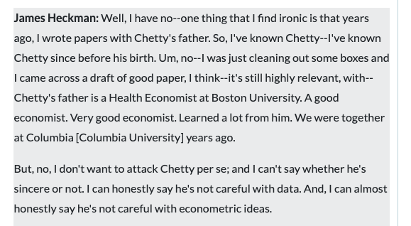 florianederer's tweet image. TIL that Jim Heckman, who is super critical of some of Raj Chetty's work, actually co-authored with Raj Chetty's father as recently as 2022 as part of a 51-year collaboration.