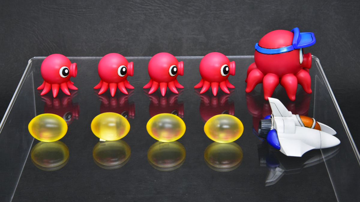 MefTeam's tweet image. 本日ポストしたキャラクター名に誤りがございました。
正しくは「タコスケ」になります。
お詫び申し上げます。
また、ビックバイパーと並べるとこの様な感じです！
是非、揃えてみてくださいませ🙂
・ブース番号【6-08-08】ＭＥＦ＆チーム・ストライク！
 
 #ワンフェス2025夏 #WF2025S #パロディウス