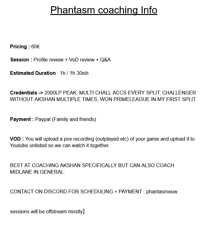 I'm looking to get a bit more into coaching / educational so will be offering sessions now. 

Best at coaching Akshan specifically, but can also help with midlane in general!

PRICE REDUCED TO 40€ CURRENTLY.

DM if interested~