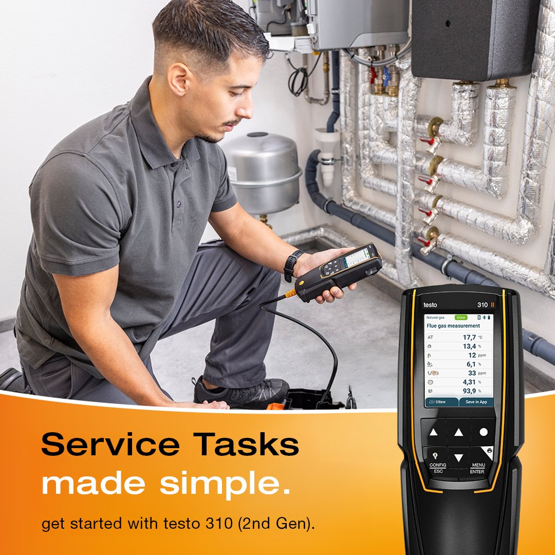 TestoLimited's tweet image. Just starting your journey as a gas engineer?
Look no further! The testo 310 Flue Gas Analyser is your perfect tool.
It's designed for ultimate simplicity – truly "pick up and play" thanks to its attached probe and seamless testo Smart App connectivity.