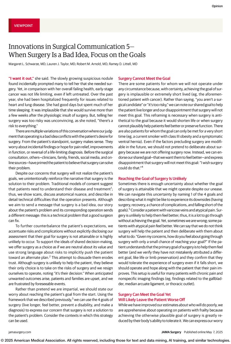 JAMASurgery's tweet image. "Good decision-making does not entail hiding a professional opinion; it requires engaging in genuine deliberation with a patient." Read this Viewpoint about the complexities of surgical decision-making. ja.ma/44Tlrug