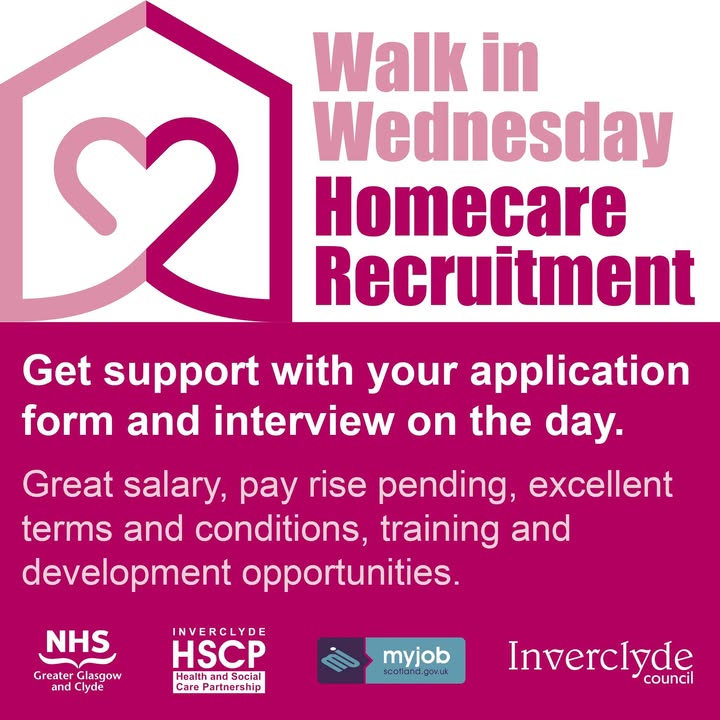 Join our homecare team at our next “Walk in Wednesday” recruitment day, on Wednesday, 30 July.  Get support with your application at Hillend Centre, 2 East Crawford street, Greenock PA15 2BT 930am-3pm

inverclyde.gov.uk/social-care

#InverclydeWorks
#InverclydeCares