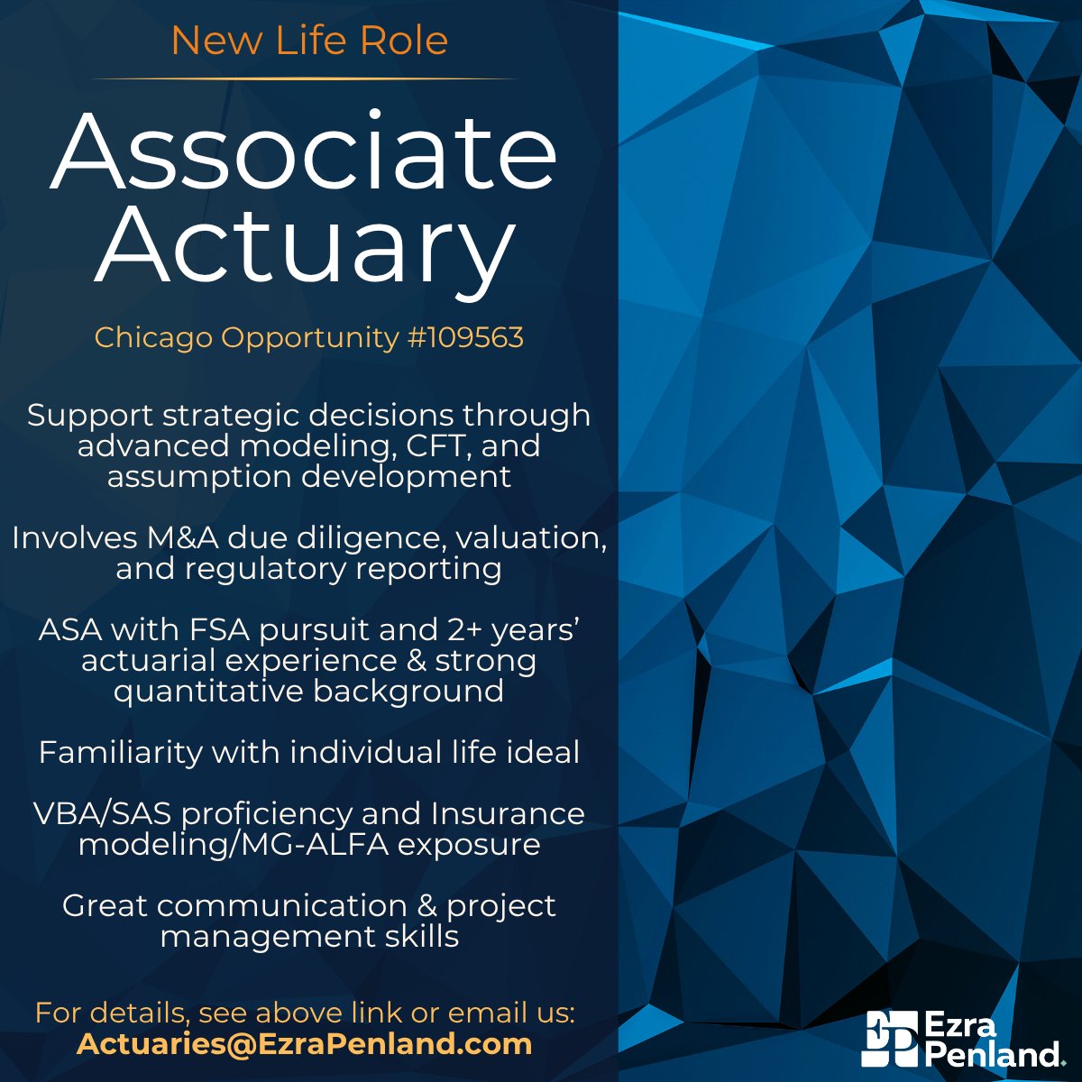 EzraPenland's tweet image. Associate Actuary sought to join a dedicated, fast-paced Chicago team and support high-impact decision making! jobs.ezrapenland.com/jb/Associate-A…

#Actuary #Actuarial #IndividualLife #ASA #FSA #Chicago #Midwest #EzraPenland #109563