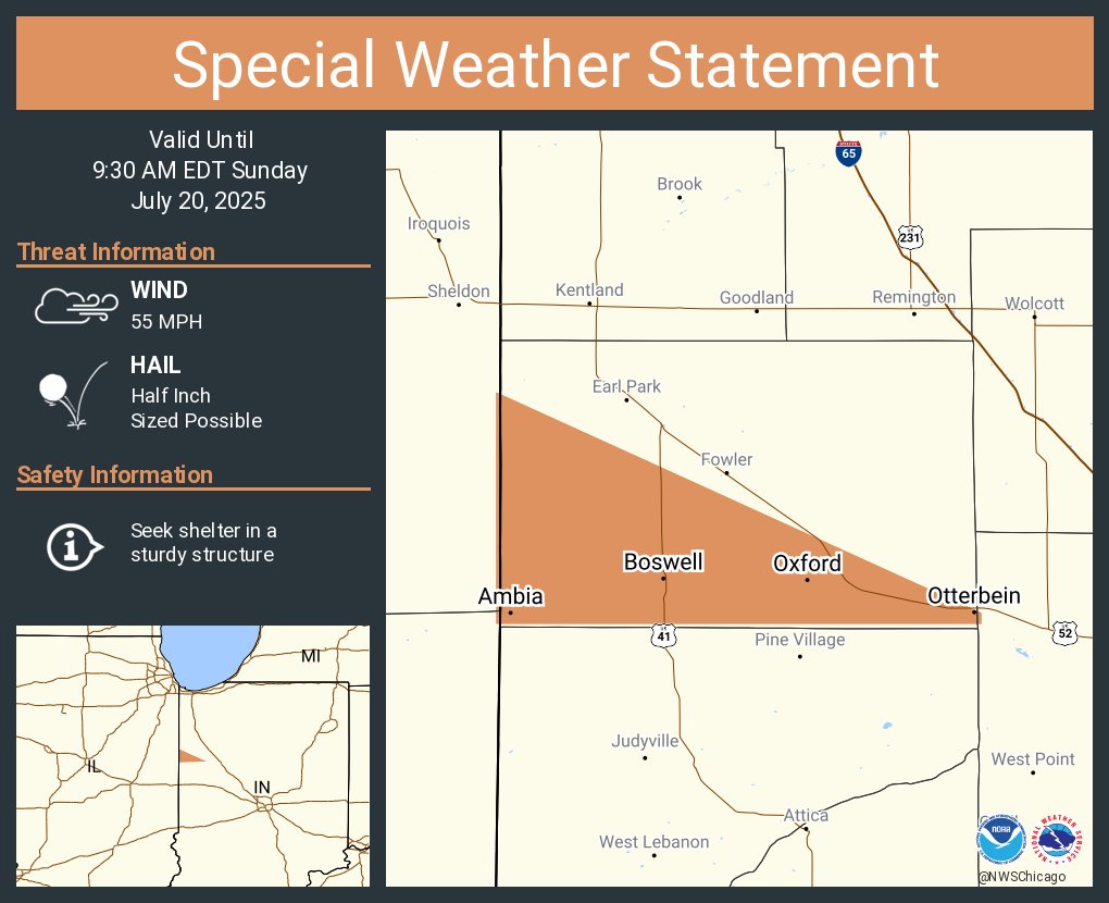 NWSChicago's tweet image. A special weather statement has been issued for Otterbein IN, Oxford IN and Boswell IN until 9:30 AM EDT