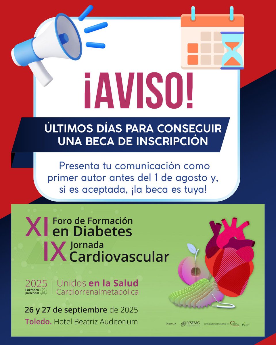 👨‍⚕️ 👩‍⚕️Aún estás a tiempo de conseguir una beca de inscripción para el XI Foro de Formación en Diabetes y IX Jornada Cardiovascular

📄 Presenta tu comunicación antes del 1 de agosto 🔚 

🆓 Inscripción gratuita para el primer autor de las comunicaciones que sean aceptadas✅  

🔗