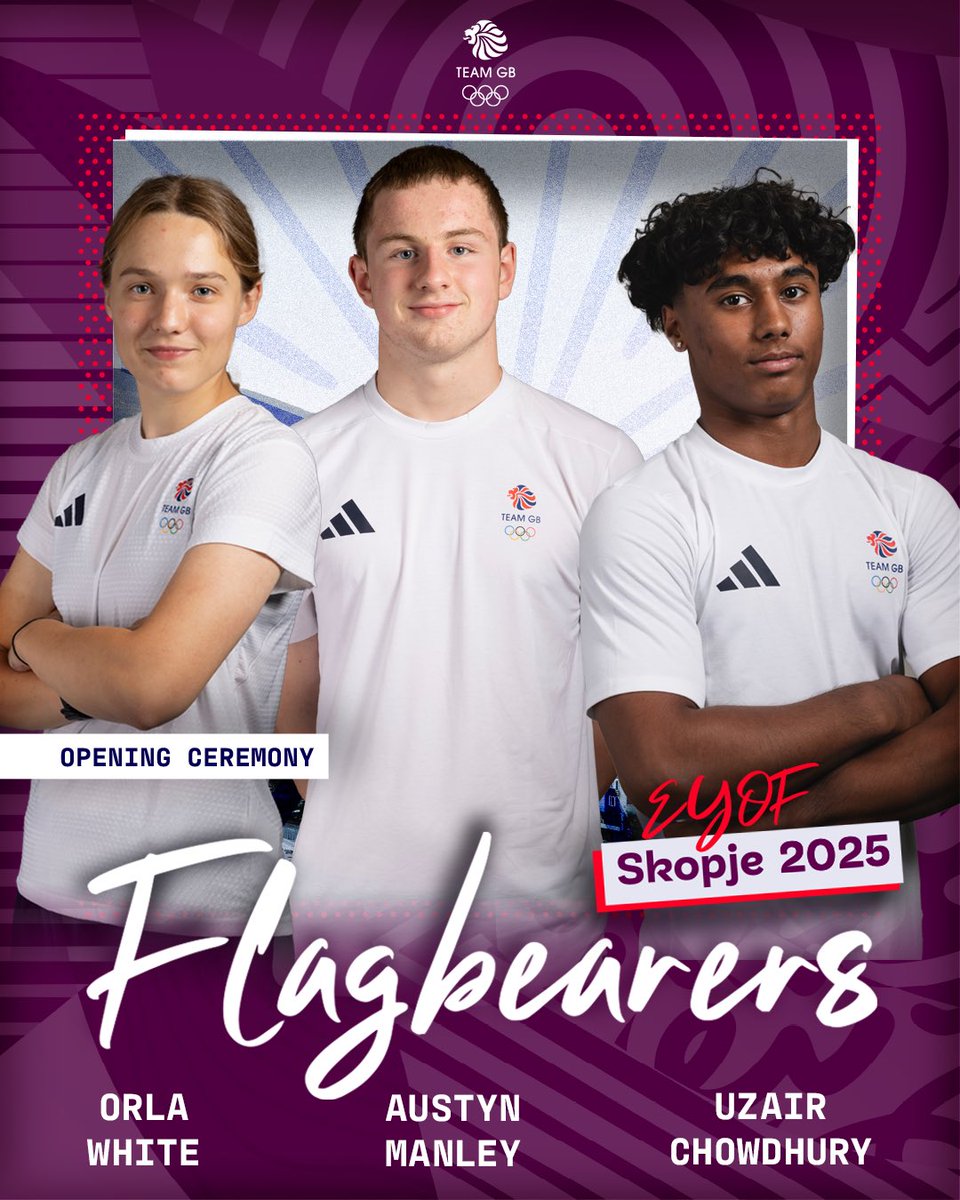 TeamGB's tweet image. Leading the team 🇬🇧
Introducing our flagbearers for tonight’s Opening Ceremony at the Skopje 2025 European Youth Olympic Festival…
Congratulations Orla White, Austyn Manley and Uzair Chowdhury 👏
#TeamGB #EYOF