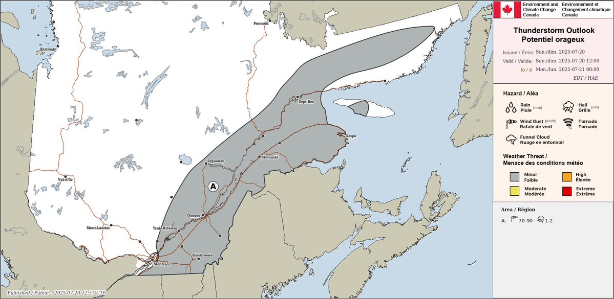 ECCC Weather Quebec (@ecccweatherqc) on Twitter photo Thunderstorm outlook for Quebec valid today, July 20.
Any report of damage can be sent to Environment and Climate Change Canada using #QCstorm or by emailing QCstorm@ec.gc.ca. Thunderstorm outlook for Quebec valid today, July 20.
Any report of damage can be sent to Environment and Climate Change Canada using #QCstorm or by emailing QCstorm@ec.gc.ca.