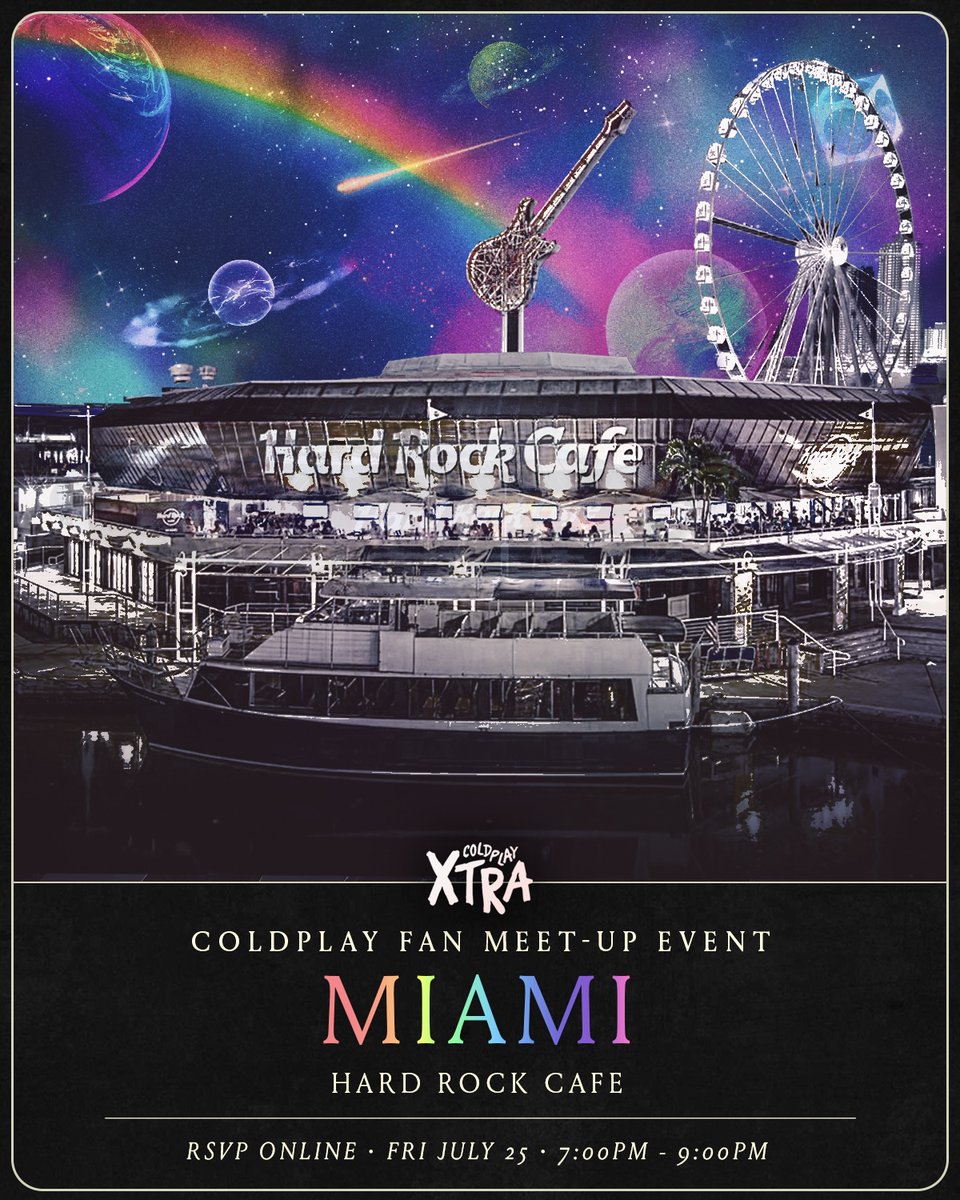 coldplayxtra's tweet image. Miami! 🤩 We're delighted to announce a Fan Meetup Event for this Friday at Hard Rock Cafe 💫
RSVP online 🎸 tr.ee/9XpVL9