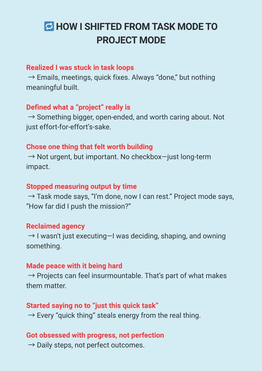 OutmanLek's tweet photo. Few weeks ago I realized my day was filled with tasks. Emails, meetings, quick fixes... 😵‍💫

Reading Seth Godin reminded me: a project is different. It has purpose, progress, and makes you grow.
I swapped some busywork for a real project and it reignited my creativity.🚀 

Bullet points of how I shifted are in the image below 👇